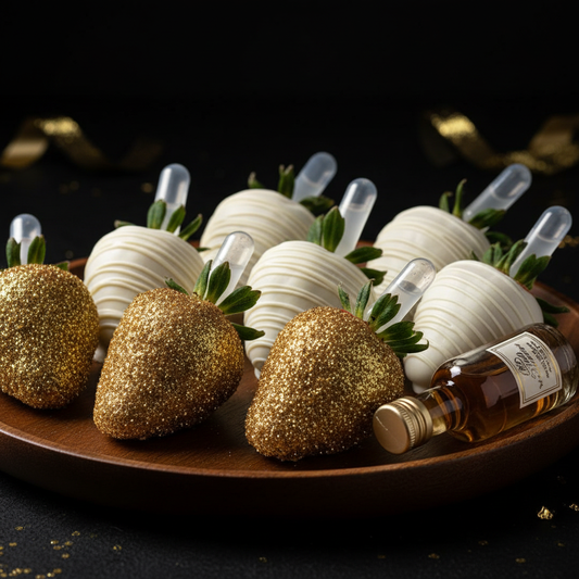 Gold sparkle strawberries with liqueur bottle